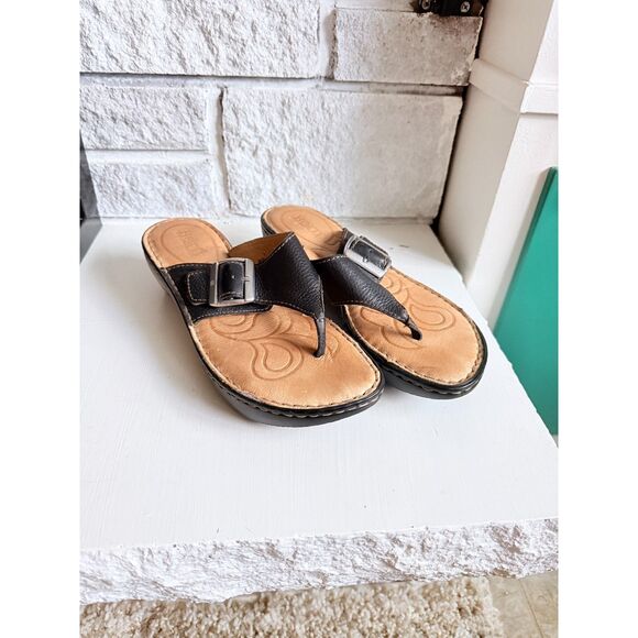 Born Black Pebble Leather Thong Wedge Platform Flip Flop Buckle Sandals Size 7 - Picture 1 of 8